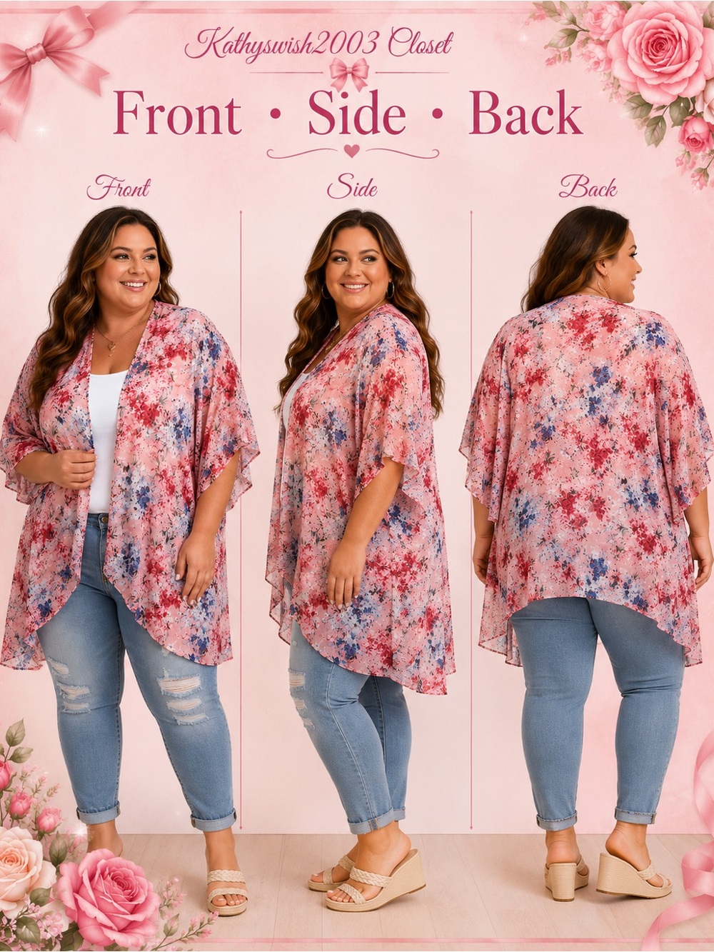 Pink Floral Open-Front Tunic Kimono Jacket - Picture 2 of 15